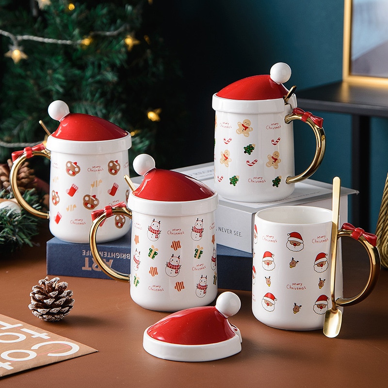 Christmas 2022 Coffee 2022 New Year Gift Christmas Hat Ceramic Mug Christmas Water Cup Coffee Cup  Milk Cup With Lid Spoon Bowknot Handle Drinkware – Xoommus