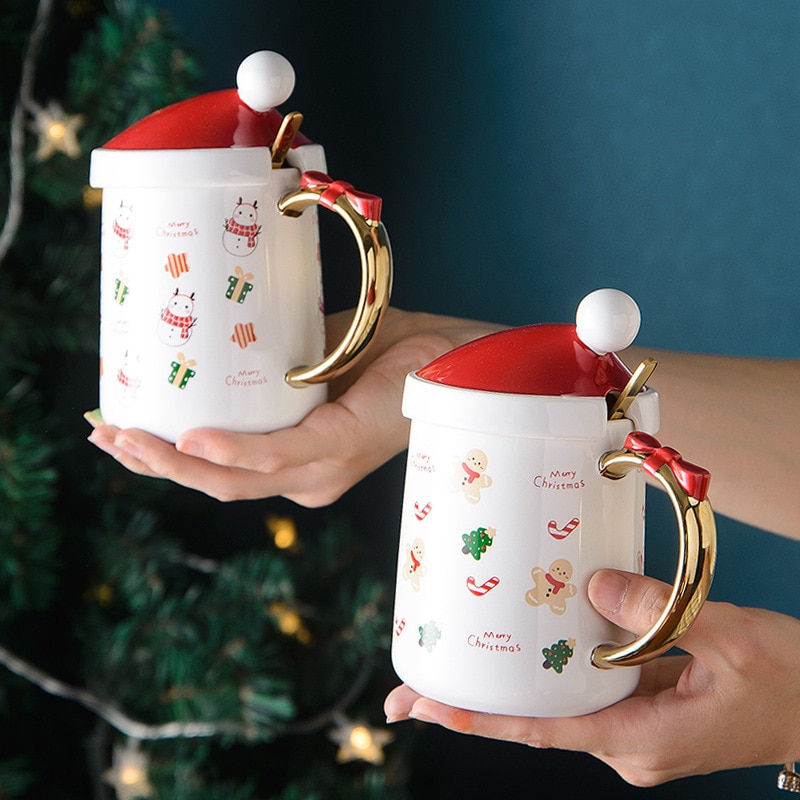 2022 Christmas Blend K Cups 2022 New Year Gift Christmas Hat Ceramic Mug Christmas Water Cup Coffee Cup  Milk Cup With Lid Spoon Bowknot Handle Drinkware – Xoommus